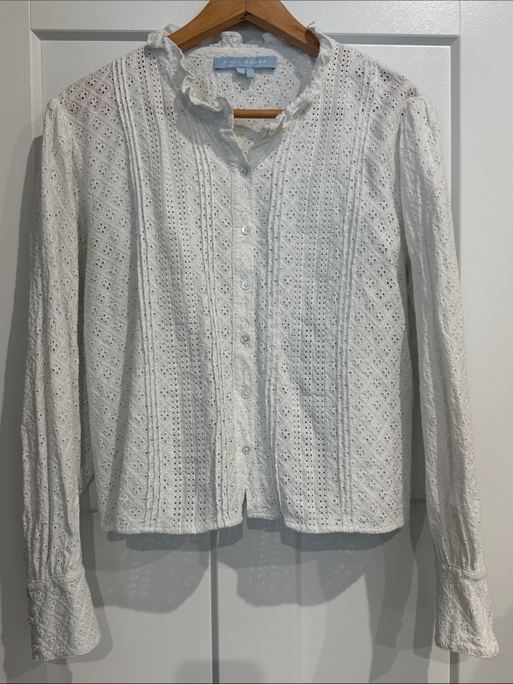 Hill House Eyelet Ruffle Collar Button-Front Women's Top - White - Size XL